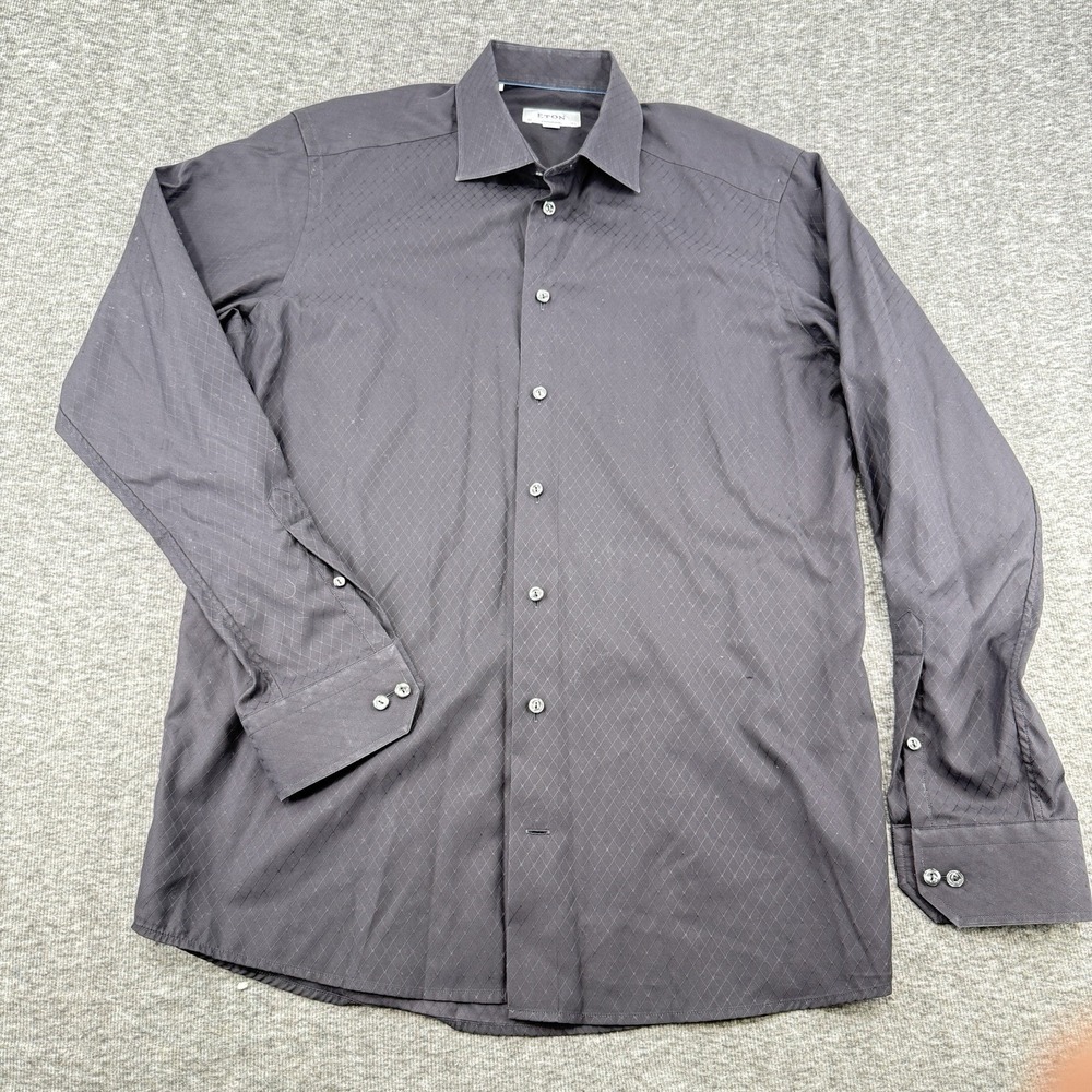 Eton Contemporary Dress Shirt Mens 42 16.5 L Charcoal Diamond Jacquard Button